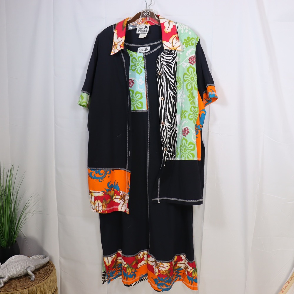 Copa Cabana Dress Set 2X Black Womens Floral Zebra Patchwork Vacation